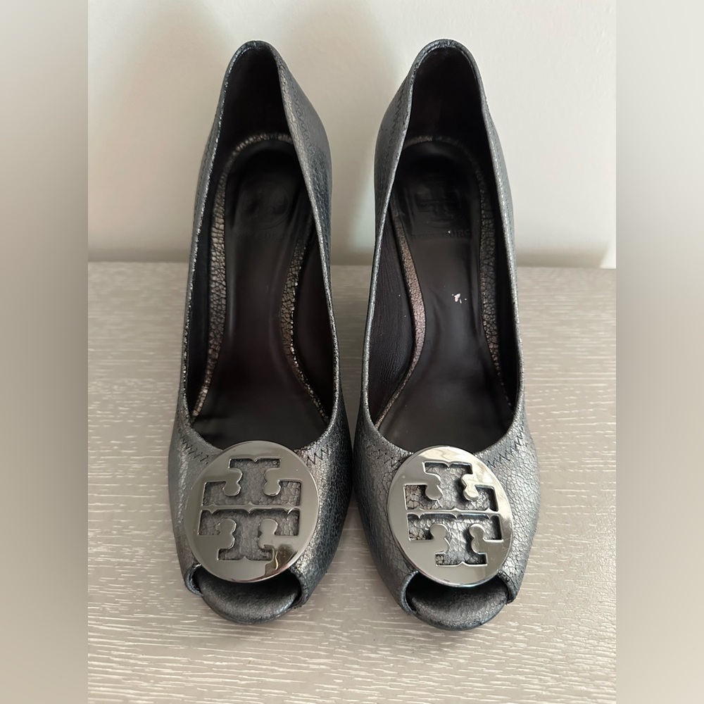 Silver Tory Burch Peep Toe Wedges 8.5